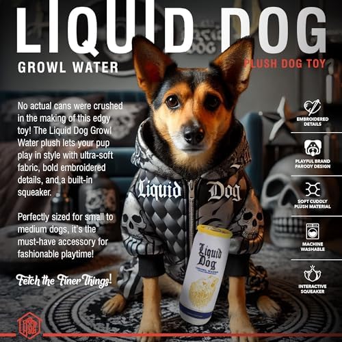 Liquid Dog Growl Water – Luxurious Parody Plush Dog Toy with Squeaker, Premium Fabric, Embroidered Details, Designer-Inspired Chew Toy, Fun Gift for Medium Dogs & Dog Lovers