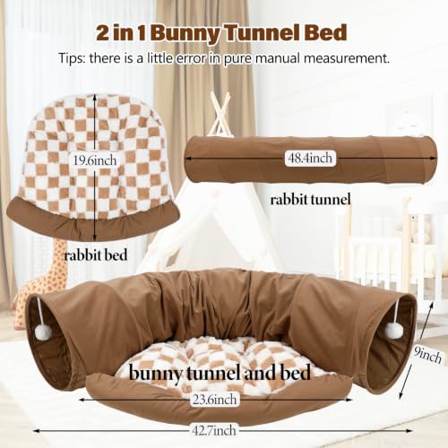 BWOGUE Bunny Tunnel Bed, Collapsible Rabbit Tunnel Hideout with Mat, Coffee