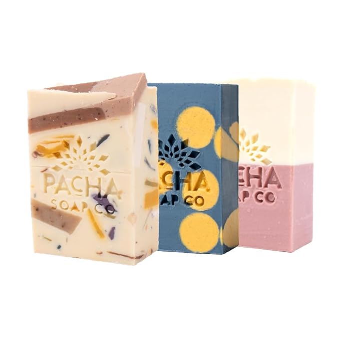Pacha Soap Co. Bar Soap, Bright Bubbles Bundle, 3-Pack (4 oz ea) - Jasmine Gardenia, Lavender & Blue Tansy, & Pachafetti - Premium, Handcrafted, Hydrating, Natural Face Wash, Soothing Essential Oils
