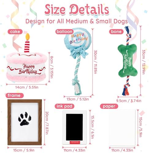 LECHONG 7Pcs Dog Birthday Toys Gifts, No-Mess Paw Print Keepsake Kit with Squeaky Dog Cake Toy, Plush Crinkle Toy, Pet-Safe Ink Pad & Photo Frame for Small Medium Dogs