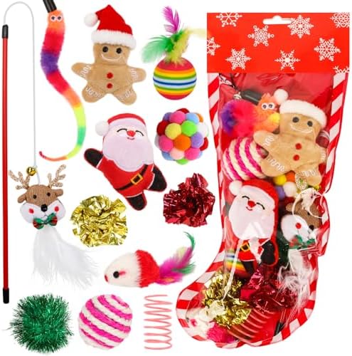 Christmas Stocking Cat Toys, 12PCS Xmas Cat Toy Set with Squeaky Toys, Balls, Cat Teaser