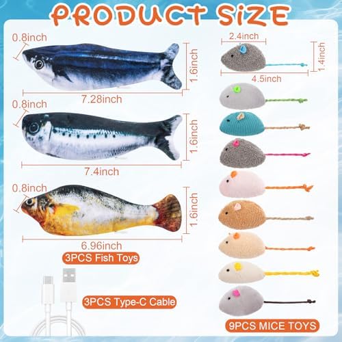 Leitee 12 Pack Cat Toys Bulk Plush Mice Realistic Flopping Fish Cat Toys Set Mouse Dog Toy for Indoor Kittens Puppies to Eliminate Boredom, Multicolored, Not Filled Catnip