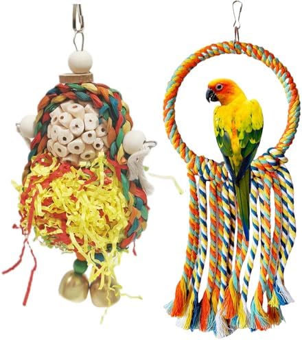 Wooden Bird Swing Toy with Rope Perch, Fish Shape, Hanging Cage Accessory for Parrots (Colorful, Swing and Ball)