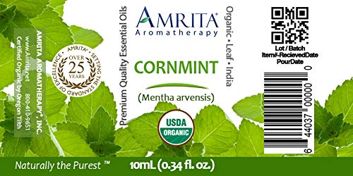 Amrita Aromatherapy Organic Cornmint Essential Oil, 100% Pure Undiluted Mentha arvensis, Therapeutic Grade, Premium Quality Aromatherapy oil, Tested & Verified, 10ML