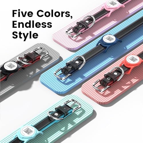 Leather Dog Collar with AirTag Compatible Holder & QR ID, Pink, L