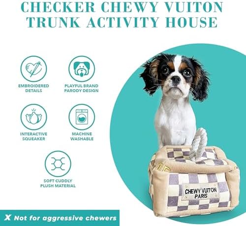 Haute Diggity Dog Chewy Vuiton Trunk Puzzle with 3 Plush Squeaky Dog Toys