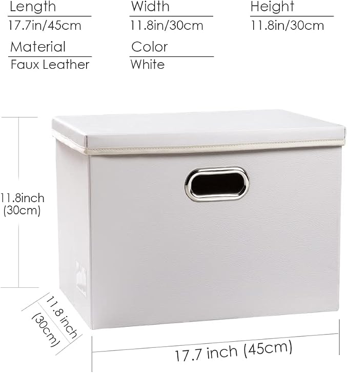 Large Stackable Storage Bins with Lids [3-Pack] Leather Fabric Foldable Storage Boxes Organizer Containers Baskets Cube with Cover for Bedroom Closet Office Nursery White (17.7x11.8x11.8)