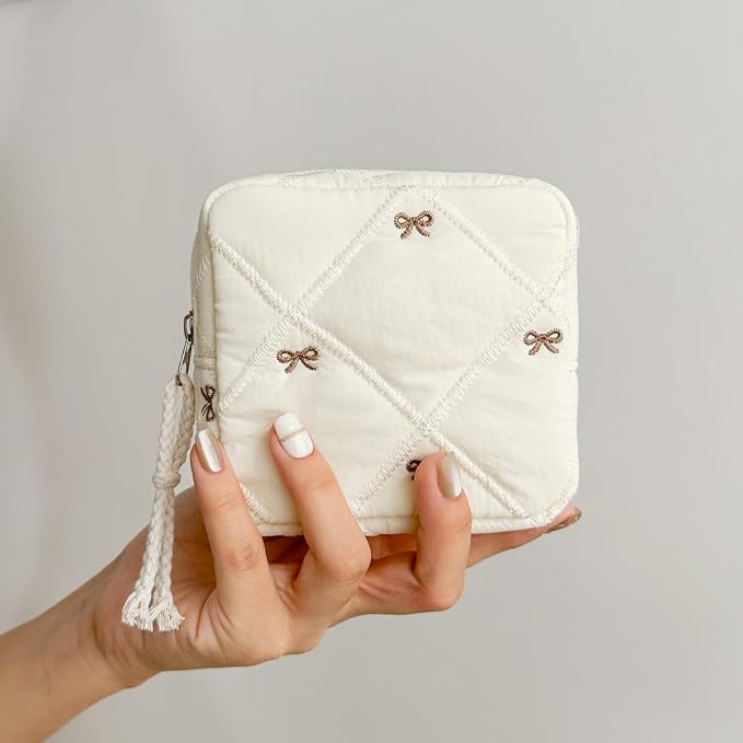Small Makeup Bag | Discreet Period Bag Pad Pouch for Purse| Sanitary Napkin Storage & Tampon Holder for Travel (Quilted bow pink)
