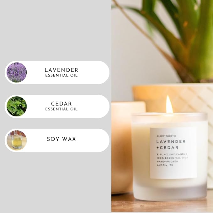 Slow North Lavender + Cedar Candle - Essential Oils and Pure Soy Wax Candle in a Reusable Frosted Glass Jar - A Unique Scented Candle Hand-Poured in the USA (8 oz)