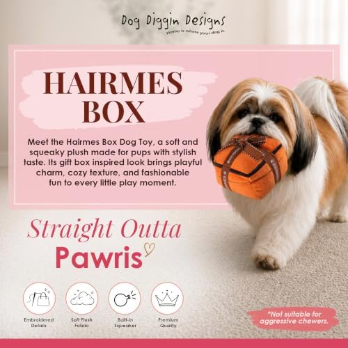 Dog Diggin Designs Hairmes Box Plush Dog Toy – Fashion Inspired Squeaky Parody Dog Toy, Soft Luxury Style Gift Box Toy for Small to Medium Dogs, Cute Interactive Pet Toy