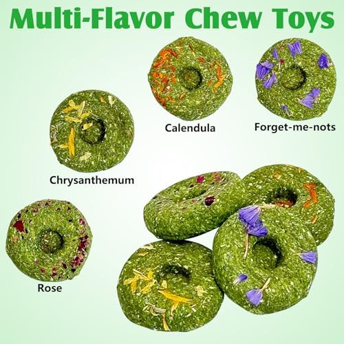 Fhiny Rabbit Chew Toys, 12 PCS Natural Timothy Hay & Flowers Cakes Guinea Pig Chew Treats for Teeth Handmade Small Animal Molar Snacks for Bunny Guinea Pig Chinchilla Hamster Gerbil Dental Care
