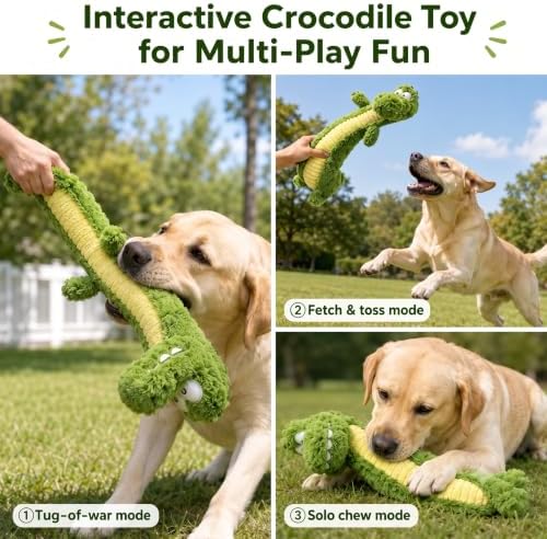 Squeaky Dog Plush Chew Toy, Interactive Tug Squeaky Toy for Chewers, Medium & Large Dogs & Fetch Play, 18.5 In Stuffed Long-Neck Crocodile Toy with Soft Plush Body for Gentle Gum Care & Boredom Relief