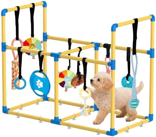 Large Puppy Play Gym & 10 Toys (Yellow,33.5″ x 28.5″ x 19.6″‌)