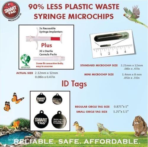 Less Waste ISO Data Microchip Implanter & ID Tag with 90% Less Plastic/Environmentally Greener/Lifetime Pet Recovery Service/Free Registration, 12 Gauge/Reusable Poly-Bag/30 Pack