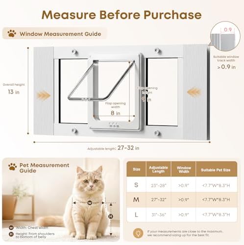 Cat Door for Window, Adjustable 27"-32", 4 Locking Modes + Extra Security Lock for Outside Safety, Window Pet Door with Magnetic Self-Closing, No-Drill Installation, Weatherproof Aluminum Frame Insert