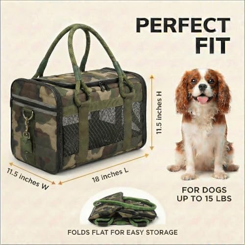 Soft-Sided Pet Carrier, Camo Green, 19.7 x 11.8 x 11.4 in