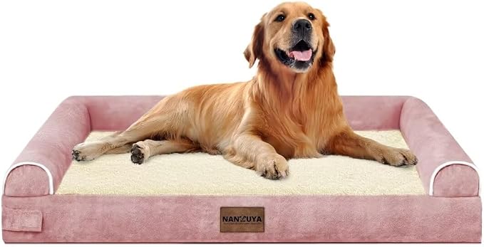 Orthopedic Dog Bed for X-Large Dogs, 40 x 32 Inch, Pink | Egg crate foam for joint support, 3-sided bolster pet sofa, waterproof lining, washable cover, and non-skid base