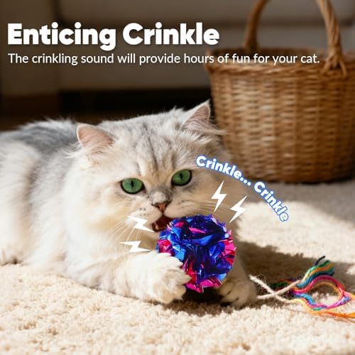 24Pcs Crinkle Cat Toy Balls, 2.47'' Interactive Crinkle Balls, Mylar Balls Cat Toy, Colorful Paper Ball Toys for Indoor Cats Kittens to Chew, Chase, Swat, Bite, Helps Kill Time and Keep Active