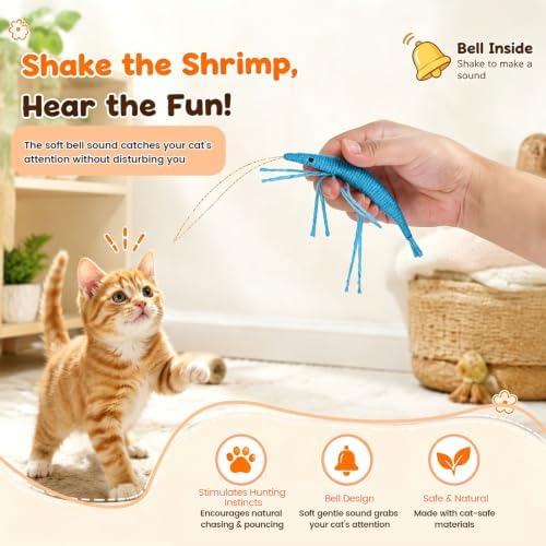 Andiker 3 PCS Bright Colors Catnip Toys, 12 CM Yarn Handmade Shrimp Cat Chew Toy with Gentle Sound Bell, Interactive Cat Toys for Indoor Cats Chewing Playing