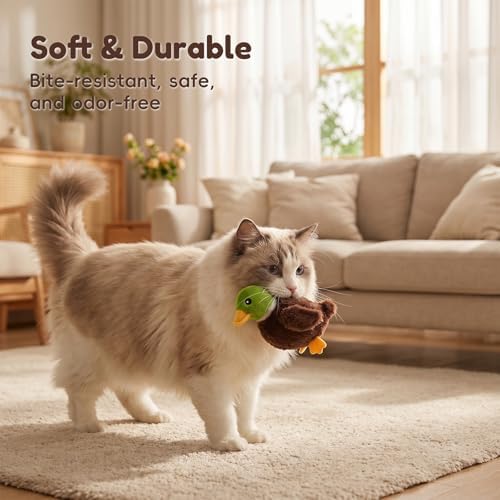 2 Pack Interactive Flapping Bird & Green Duck Cat Toy, Motion Activated Chirping Cat Toy with Catnip, 3 Modes USB Rechargeable Washable Simulation Flying Bird Toys for Indoor Cats