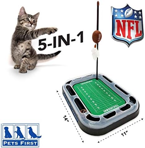 Pets First CAT BALL BELL TOY New England Patriots Football Field CAT Scratcher Toy with Catnip Filled Plush Football Toy&Feather Cat Toy Hanging,&Jingle Bell Interactive Ball Chasing 5-in-1 Kitty Toy