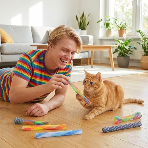 Cat Tube Toy, 10 PCS Plastic Cats Spring Coil Toys Nylon Mesh Telescopic Cat Tube Spring Toy Interactive Colorful Fun Tubes for Indoor Cats to Chase, Bite, and Scratching (5.3 Inches)