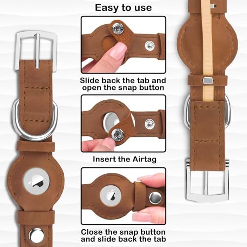 Leather Dog Collar with Airtag Holder - Apple Air Tag Dog Collars - Soft Tracking GPS Pet Collar for Small Medium Large Dogs Breed Puppy (Brown, XL, 19"-24" Neck Fit)