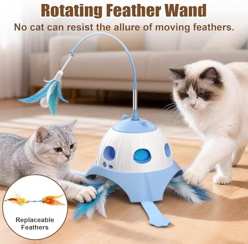 Casfuy 3-in-1 Interactive Whack-a-Mole & Rotating Feather Wand Cat Chasers Toy with Plush Tail, Blue