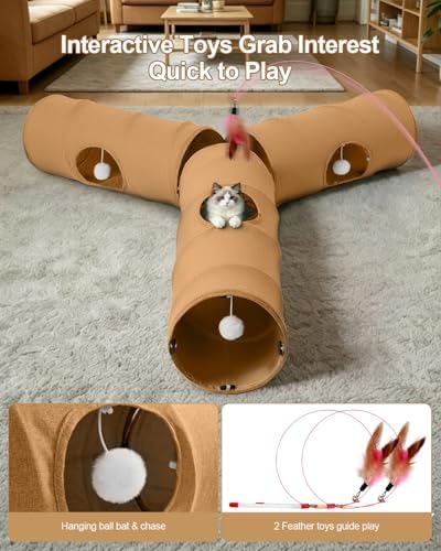 Cat Tunnel, 3 Straight Shaped Tunnels 6 DIY Shapes with Wand Toys, No Noise Scratch Resistant Cool Linen Fabric, Interactive Pet Tunnel Tube for Indoor Cats, Puppy and Rabbits