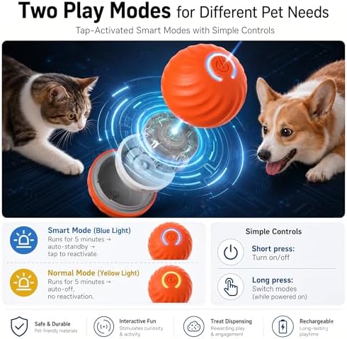 Automatic Rolling Treat Dispensing Pet Ball, Interactive Leaking Food Pet Toy, Dual Mode Rechargeable Puzzle Feeder for Small Medium Dogs & Indoor Cats（2.83In,0.36lb,Orange）