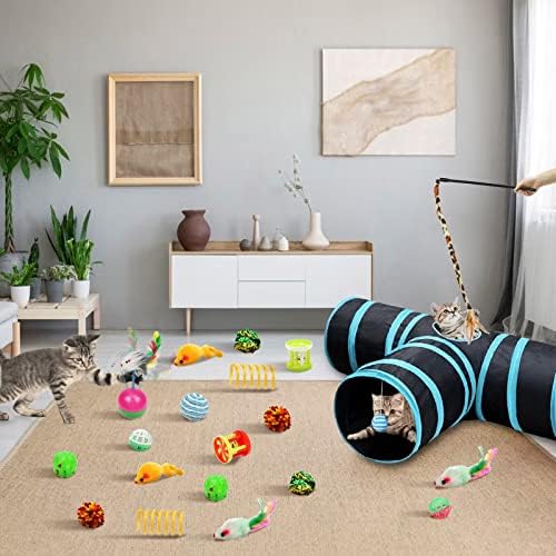 Malier Collapsible Cat Tunnels & Toys Set, Interactive Kitty Toys - Kitten & Cat - Feathers, Mouse, Crinkle Balls, 3-Way Tube Tunnel for Indoor Play