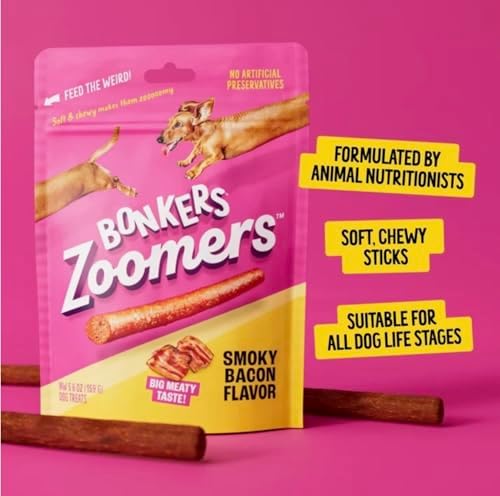 Bonkers Zoomers Smoky Bacon Flavor Soft & Chewy Treats for Dogs 5.6oz Bag (Pack of 2) with Bone Waste Bag Dispenser & Free Roll