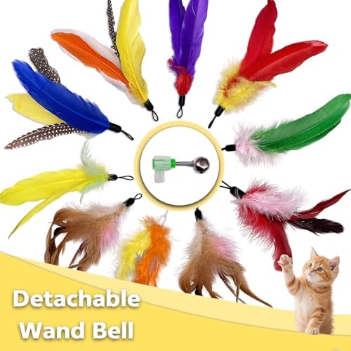 10 Pieces Cat Feather Toy Refills,Cat Wand Replacement Feathers Toys with Clip & Removable Bell,Wand Attachment Feather Toys for Indoor Cats (10 Pcs Feathers)