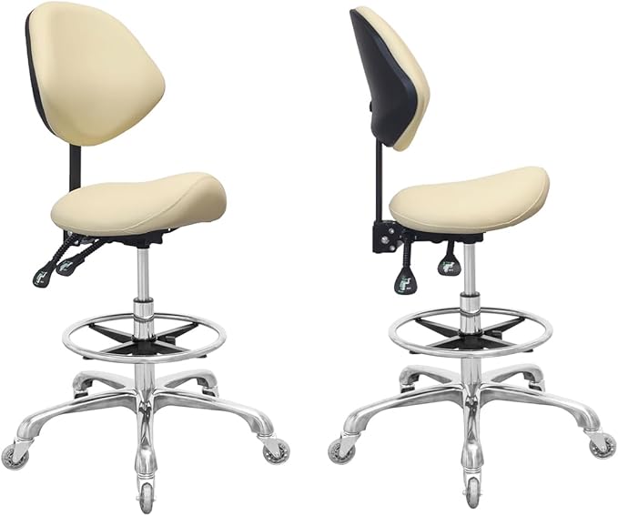 Saddle Stool Chair with Back Support Footrest, Heavy-Duty(350LBS), Hydraulic Rolling Swivel Adjustable Stool Chair for Salon Spa Beauty Massage Dental Clinic Home Office Use(Beige)