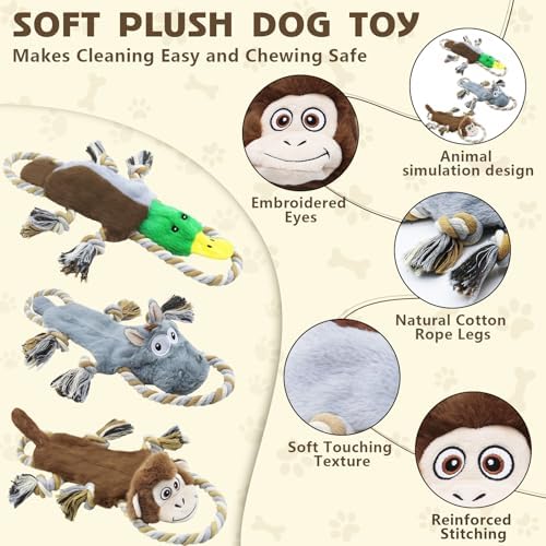 3 Pack No Stuffing Squeaky Dog Toys, Tug of War Dog Toy with Rope