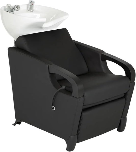 Buy-Rite Luna Noir Shampoo Backwash Unit for Professional Salons - Extra Wide Seat, Black Metal Armrests & Feet, Lever-Activated Leg Rest, Tilting White Porcelain Bowl, YLG-583-1-BLACK