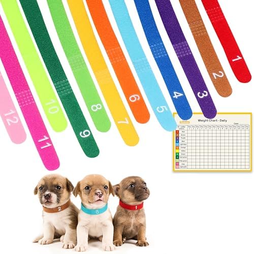 Newborn Puppy Collar Set of 12 with Numbered Tags & Weight Tracker Chart, Soft Adjustable Kitten Collar, Puppy Collars for Litter, Whelping Supplies for Kitten Small Dogs (S/M/L) (M)
