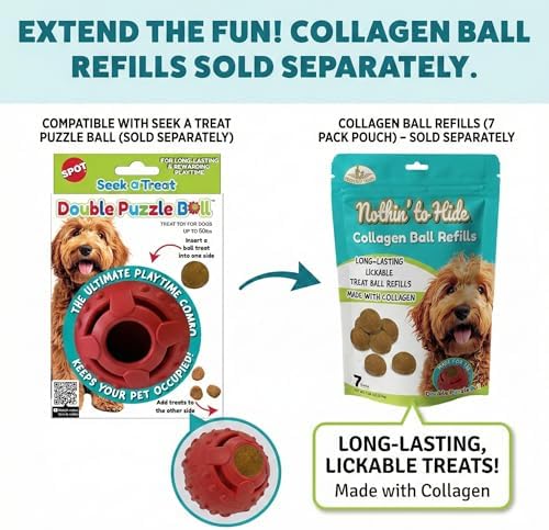 SPOT Seek-A-Treat Double Puzzle Ball Dog Toy, 3.25 in Durable Rubber Treat Dispenser with Dual Openings for Mental Stimulation & Long-Lasting Play, for Dogs up to 50 lbs