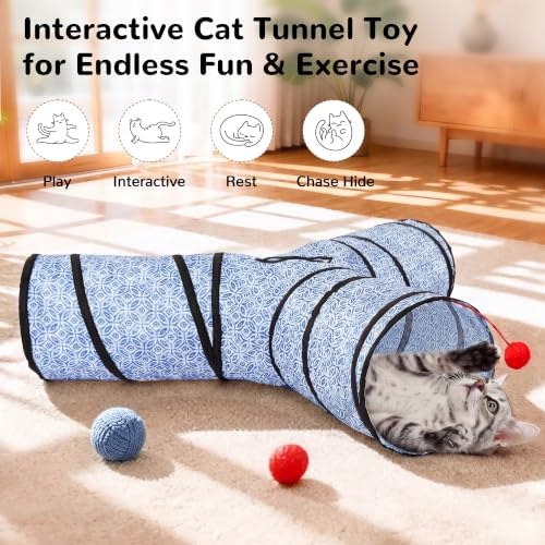 Tempcore Cat Tunnel, 3-Way Collapsible Toy, Large Size Blue Coin