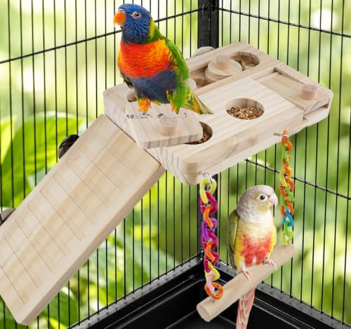 FlidRunest Wooden Bird Foraging Puzzle Platform Swing with Climbing Ladder for Parrots, Parakeet, Cockatiel, Sun Conures - Birds Interactive Mental Enrichment Toy, Bird Seed Slow Feeder Toy for Cage