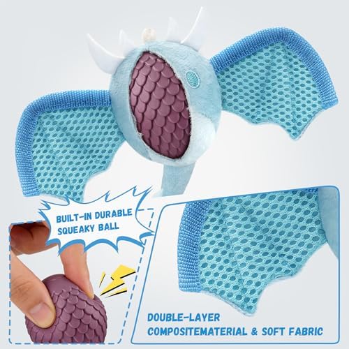 Interactive Dog Squeaky Toys, Indestructible Chew Toys Built-in Vanilla Ice Cream Flavored Ball, Puppy Plush Toys for Small Medium Chewers to Keep Them Busy - Blue Bat