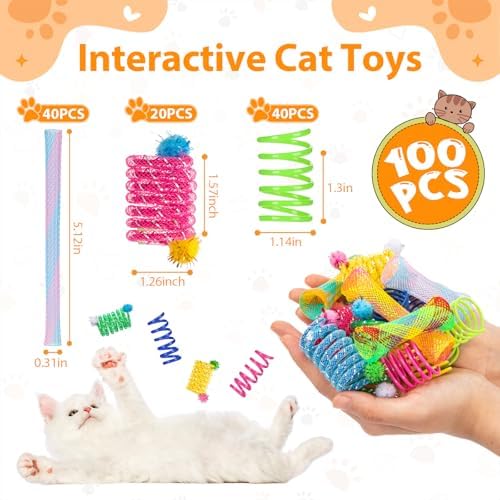 100 Pcs Cat Springs Toys Pack for Indoor Kitten Colorful Cat Supplies Include Interactive Plastic Coil Spiral Spring Rolling Mesh Tubes for Kitten Stray Cats to Bouncing Play Hunt