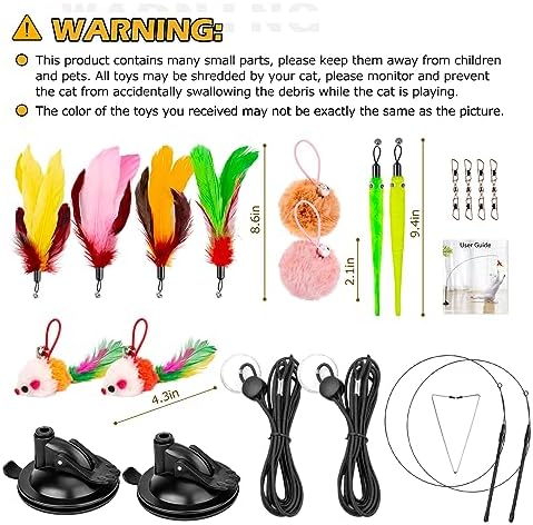 Cat Toys, 2 Pack 3 in 1 Interactive Cat Toy for Indoor Cats with Sticky Super Suction Cup Detachable 10 Pcs Replacements Feathers Balls Mice 2 Wand Hanging Door Kitten Toys