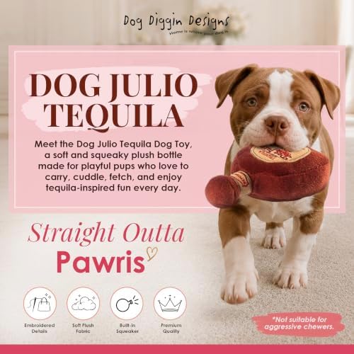 Dog Diggin Designs Dog Julio Tequila Plush Dog Toy | Luxury-Inspired Parody Tequila Bottle Dog Toy with Squeaker, Soft Plush Novelty Dog Toy – Shaken, Not Stirred!