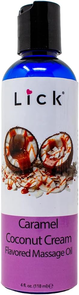 Lick Caramel Coconut Cream Flavored Massage Oil – Tropical Edible Massage Oil with Sweet Almond Oil & Vitamin E, Hydrating Body-Safe Formula for Relaxing Couples Massage, 4 oz