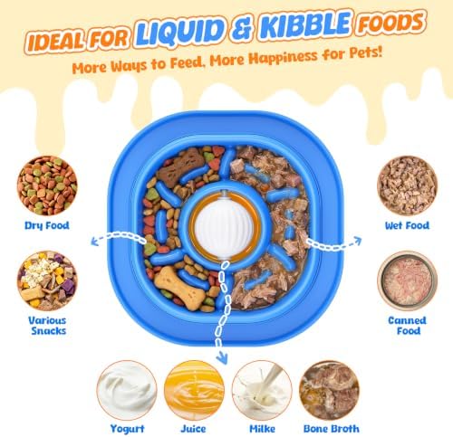 2-in-1 Slow Feeder Dog Bowl with Rolling Ball, Interactive Lick Bowl Toy for Dogs & Cats, Anti-Gulp Maze Feeder with Suction Base for Wet Food, Bone Broth & Treats, Anxiety Relief Enrichment Toy-Blue