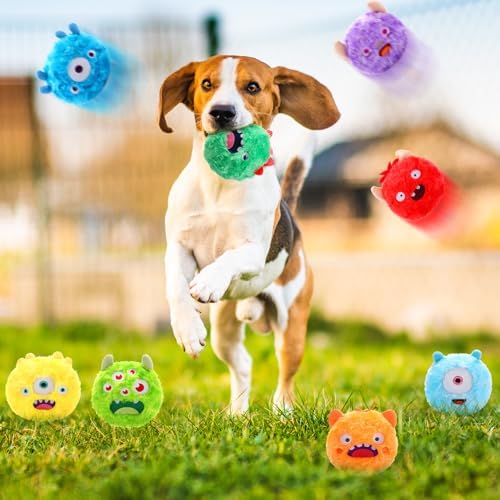 HyDren 8 Pack Plush Squeaky Dog Ball Dog Toys Gift for Small Medium Teething Puppy 2 In1 Fuzzy 4" with Squeakers Cute Funny Chewing Toys for Pet Gift(Funny)