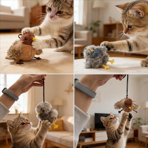 Tipmant Realistic Electric Birds Cat Teaser Interactive Toy Kitten Kitty Exercise, Touch Activated, Rechargeable, Chirp, Flap Wings with Catnip (Grey Cuckoo)