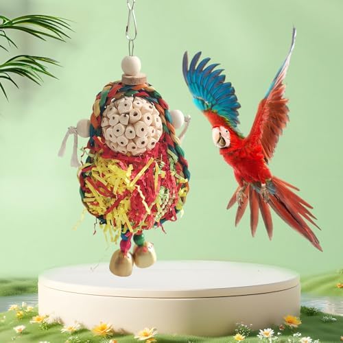 Wooden Bird Swing Toy with Rope Perch, Fish Shape, Hanging Cage Accessory for Parrots (Colorful, Swing and Ball)