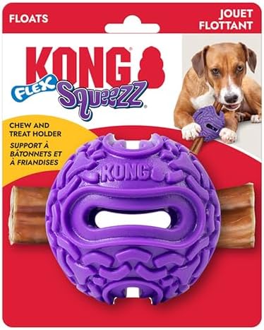 KONG Squeezz Flex Ball – Flexible Treat & Chew Holder for Dogs – Interactive Dog Toy for Fetch, Floating, & Travel – Holds Treats, Chews, & Bully Sticks (Medium/Large)